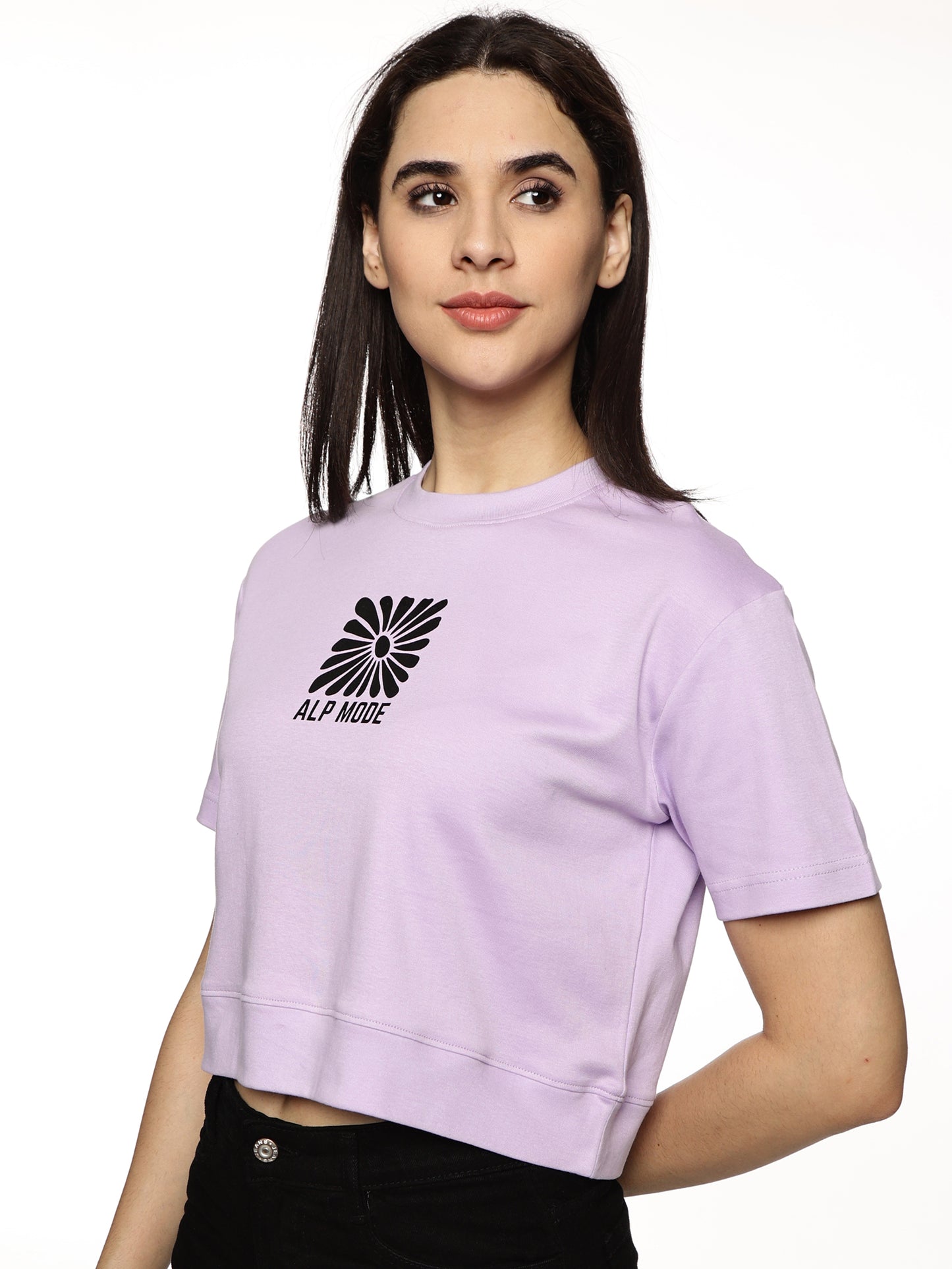 Model wearing ALP Mode Lilac Crop Top during workout