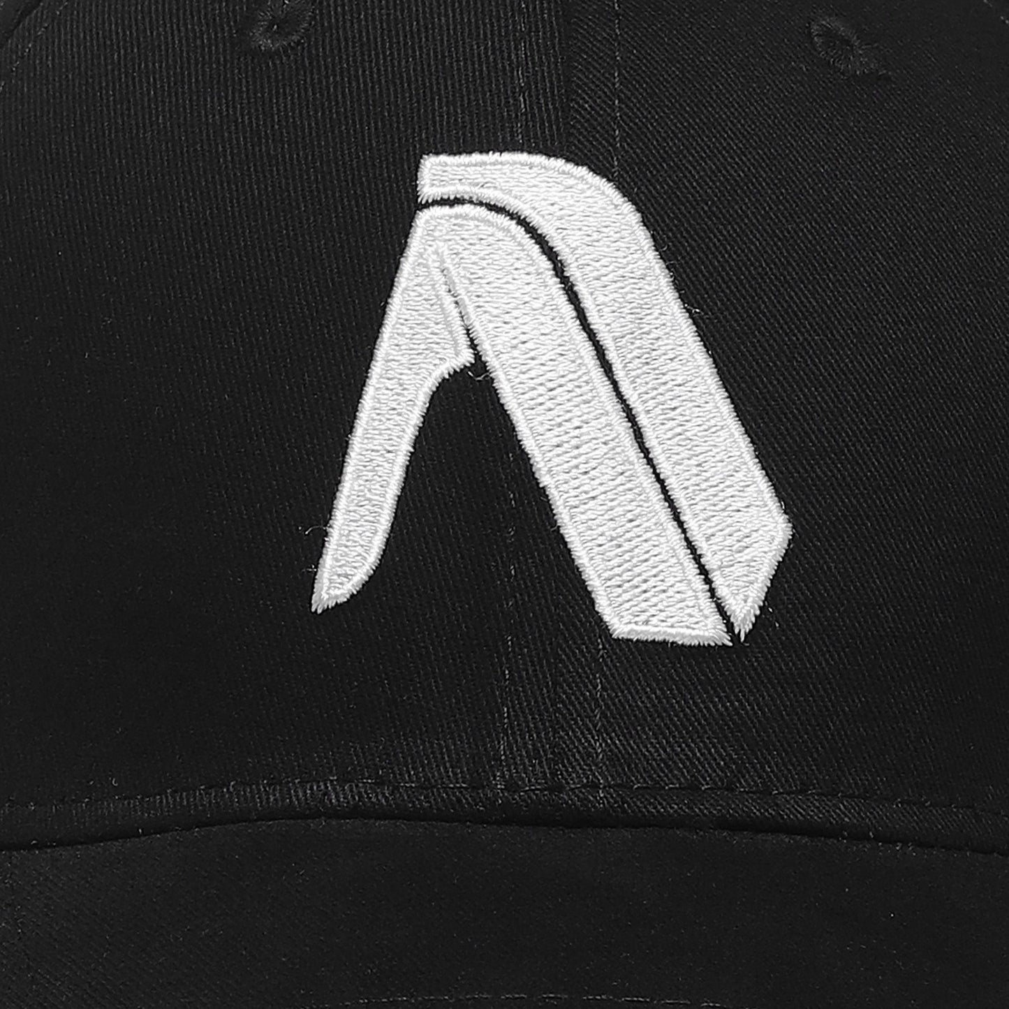 Close-up of the Apex Premium Cotton Cap - Black by My Store, showcasing a white embroidered geometric A logo on the front, designed for premium cotton comfort and urban elegance.