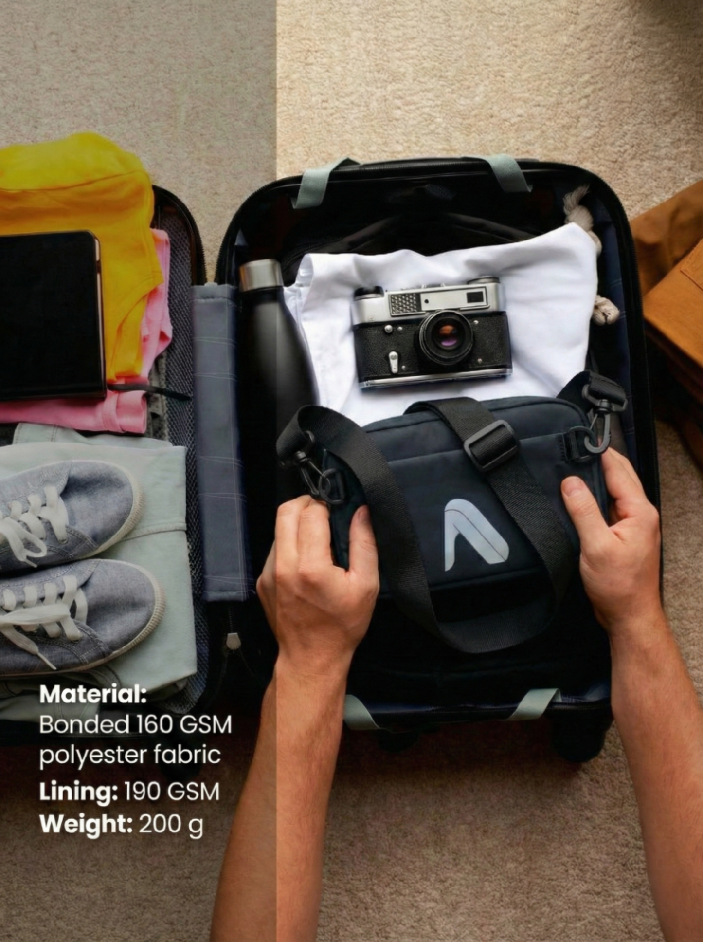 Person packing a suitcase with clothes and a camera, showing the brand logo on the suitcase.