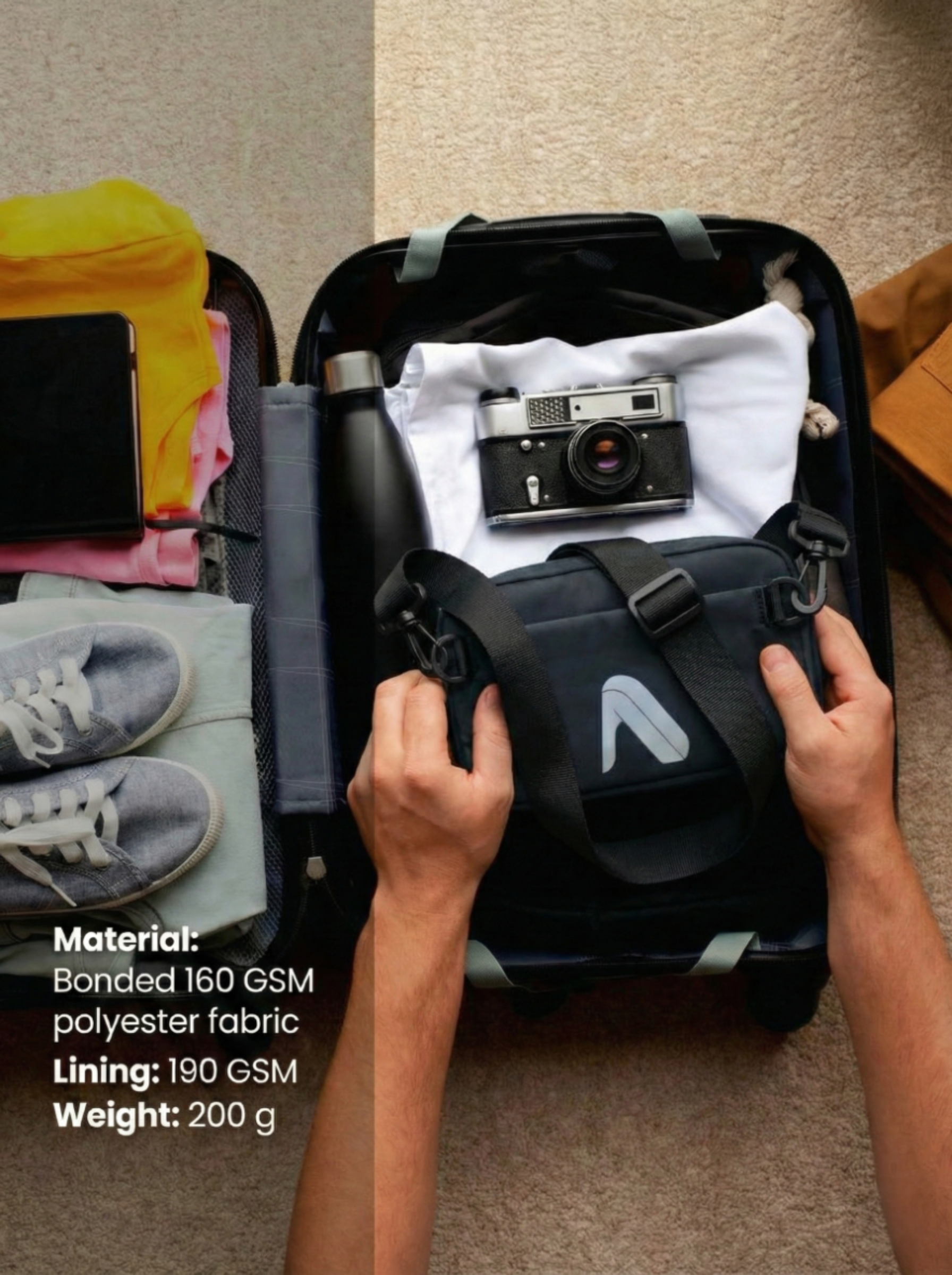 Person packing a suitcase with clothes and a camera, showing the brand logo on the suitcase.