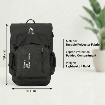 Black backpack with measurements and features on a white background