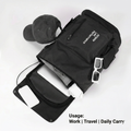 Black backpack with a cap, water bottle, and sunglasses on a white background