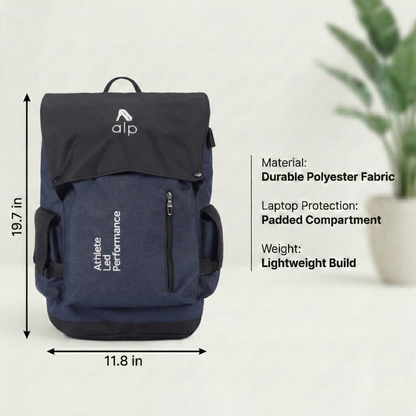 Navy blue backpack with black top section on a light gray background, featuring dimensions and material information.