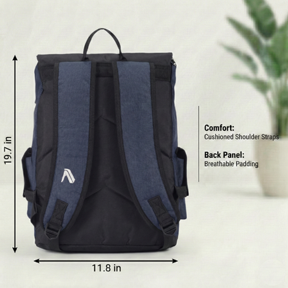 Black backpack with blue back panel on a white background, showing measurements and comfort features.