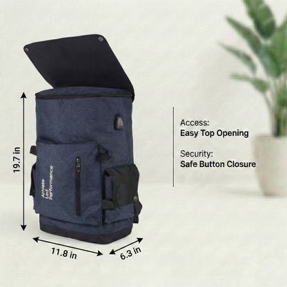 Blue backpack with measurements and features on a white background