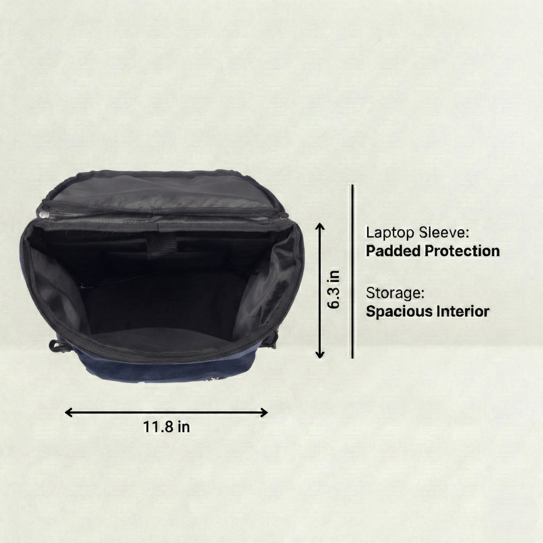 Black backpack with dimensions labeled on a beige background