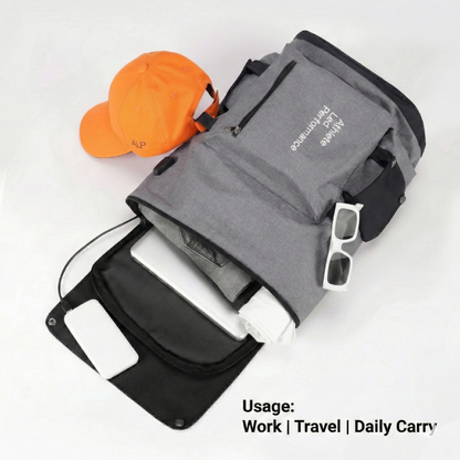 Gray backpack with orange cap and white sunglasses on a white background