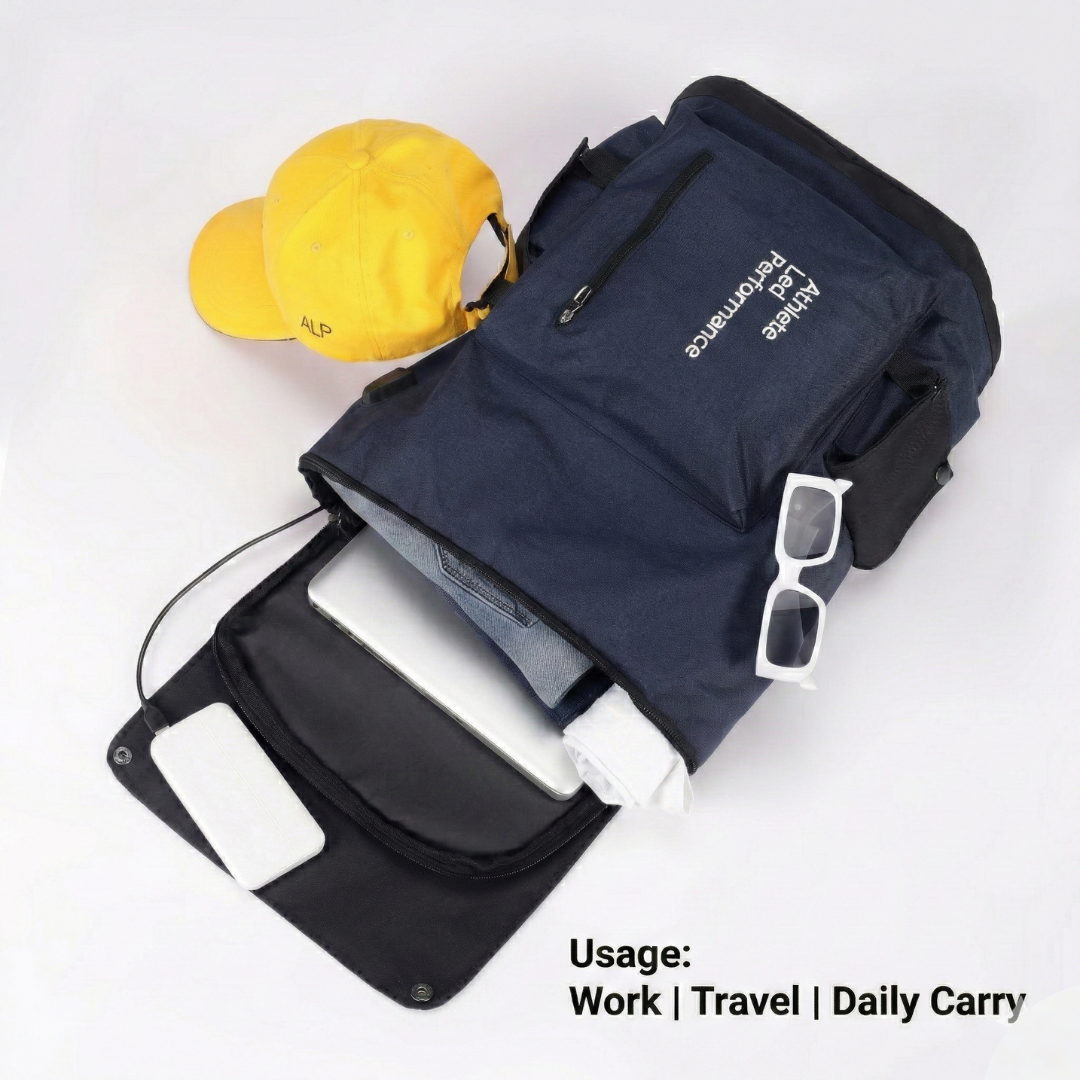 Navy blue backpack with yellow hat and sunglasses on a white background