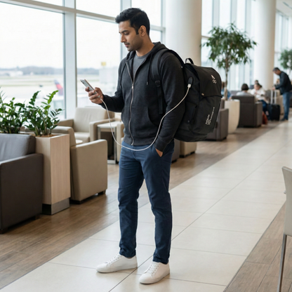 Man with a backpack using a phone in an airport lounge