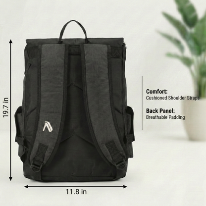 Black backpack with measurements and comfort features on a white background