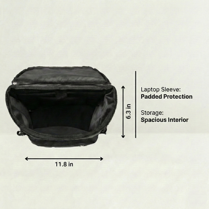 Black backpack with measurements on a beige background