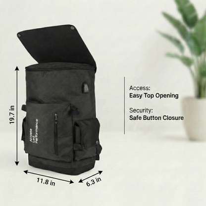 Black backpack with measurements and features on a white background