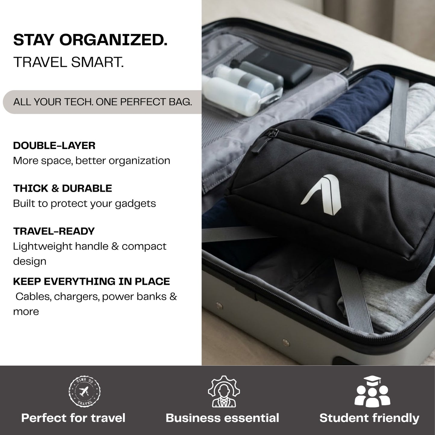 Black travel organizer bag with text highlighting features and benefits, placed inside an open suitcase.