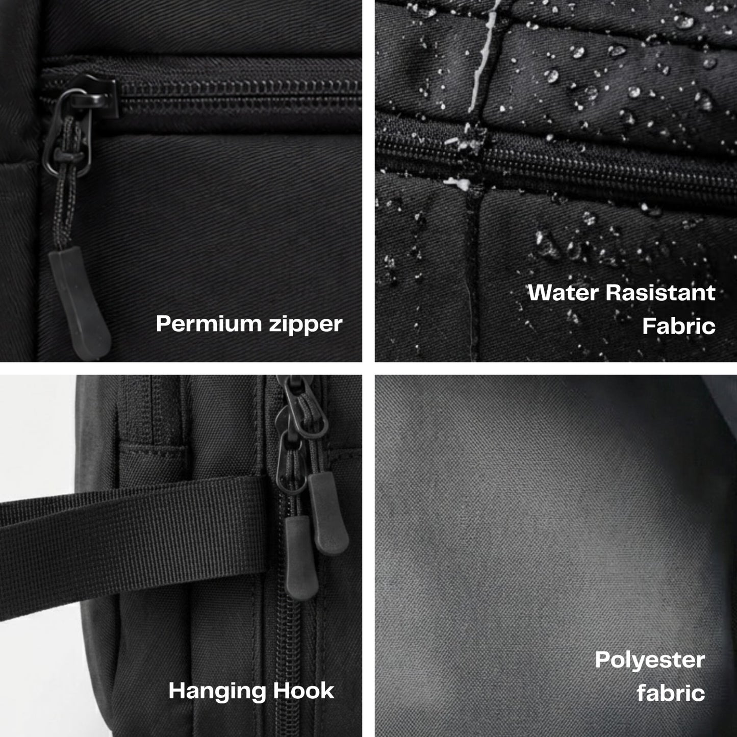 Black backpack with features labeled: premium zipper, water-resistant fabric, hanging hook, and polyester fabric.
