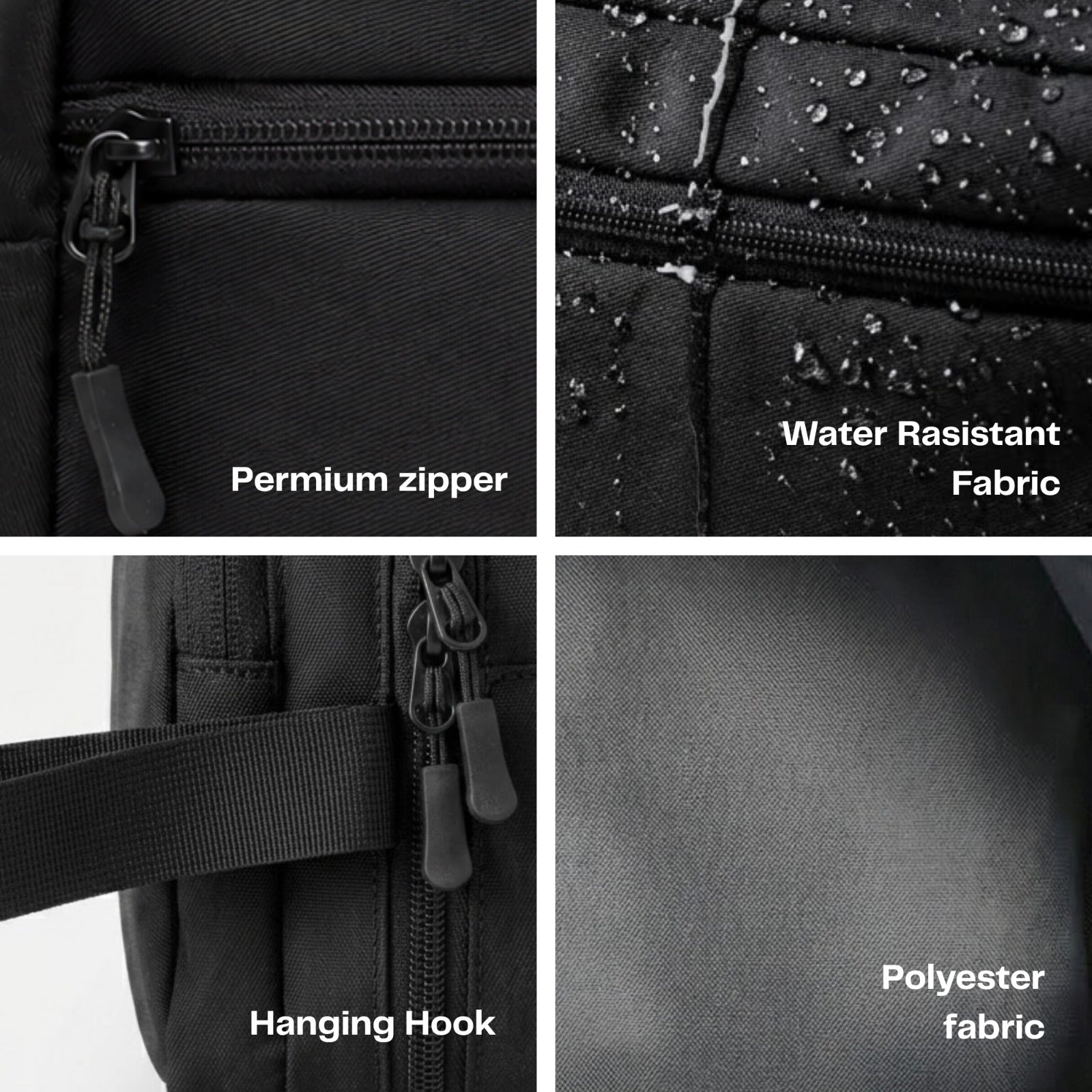 Black backpack with features labeled: premium zipper, water-resistant fabric, hanging hook, and polyester fabric.