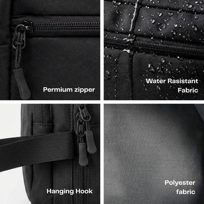 Black backpack with features labeled: premium zipper, water-resistant fabric, hanging hook, and polyester fabric.
