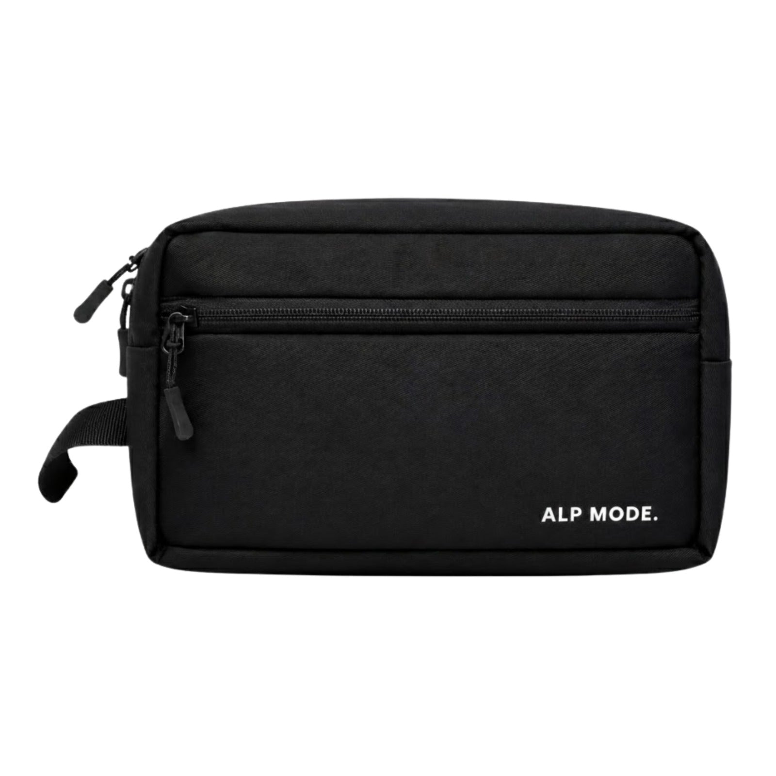 Black toiletry bag with 'ALP MODE' branding on a white background