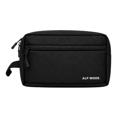 Black toiletry bag with 'ALP MODE' branding on a white background