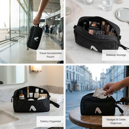 Black travel accessories pouches used for various purposes in different settings.