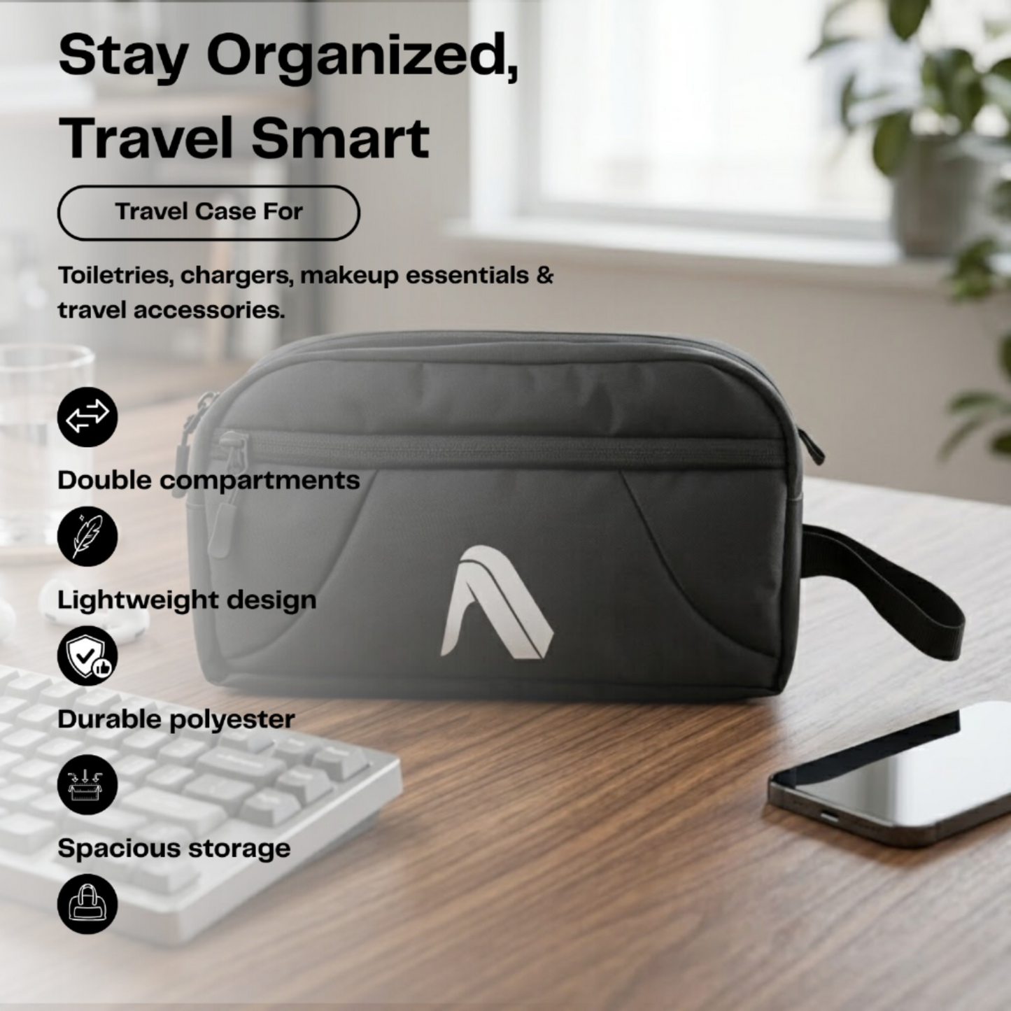 Travel case with features listed on a wooden surface