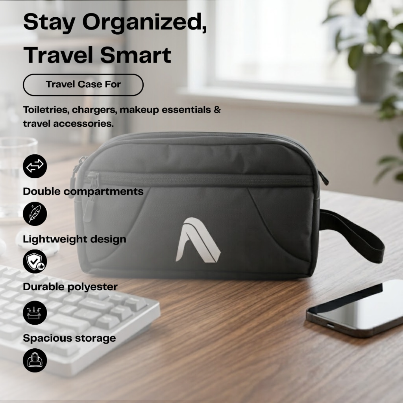 Travel case with features listed on a wooden surface