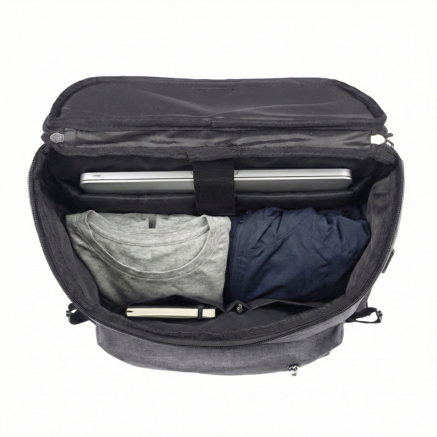 Open backpack with clothes and items on a white background