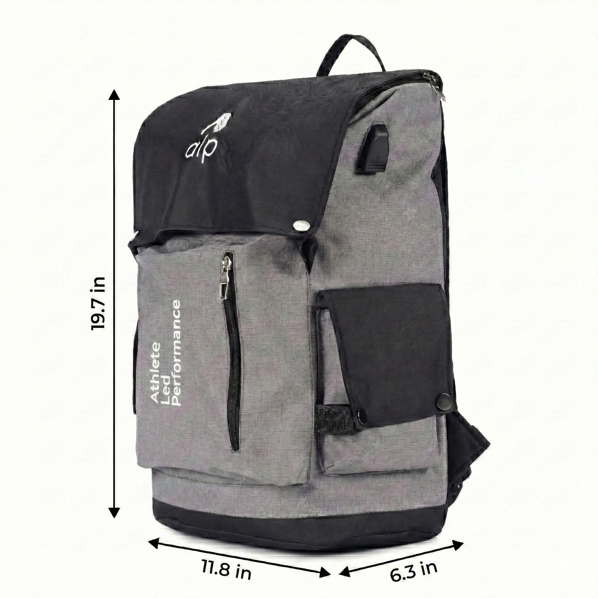 Gray and black backpack with dimensions on a white background