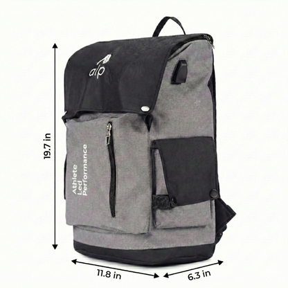 Gray and black backpack with dimensions on a white background