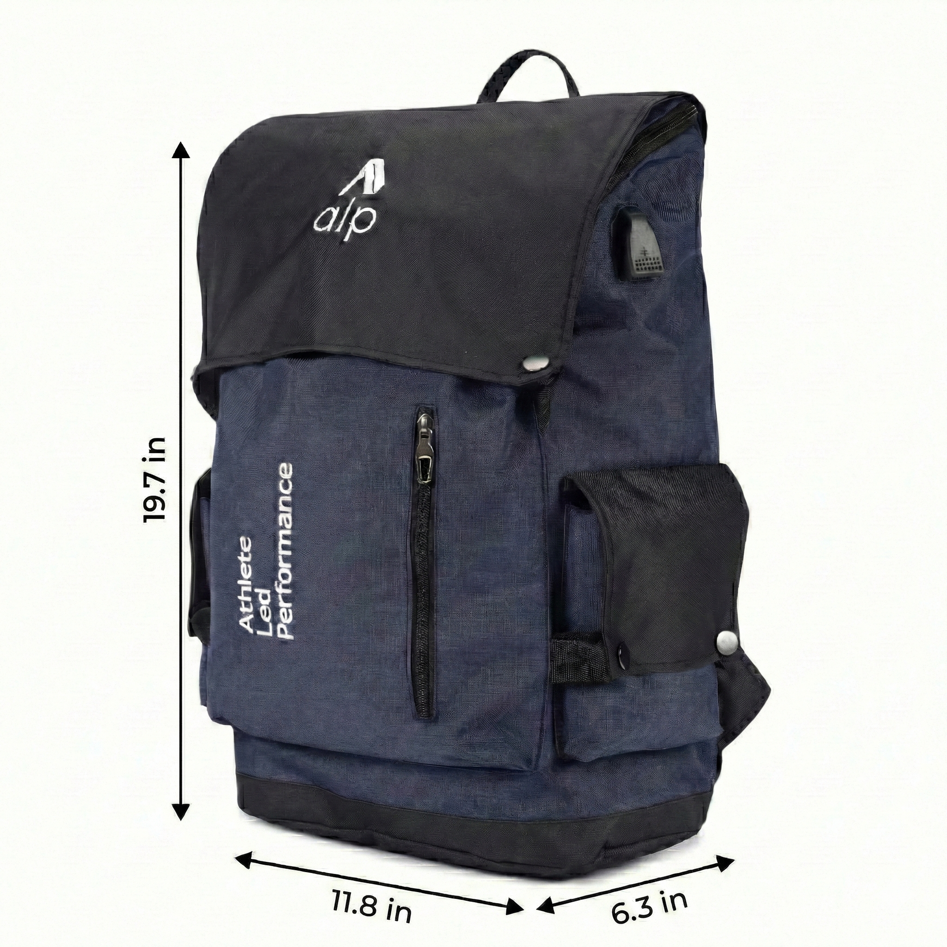 Navy and black backpack with dimensions on a white background