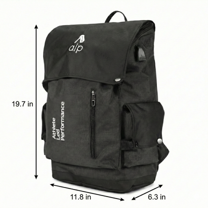 Black backpack with measurements on a white background