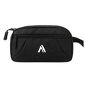 Black toiletry bag with a logo on a white background