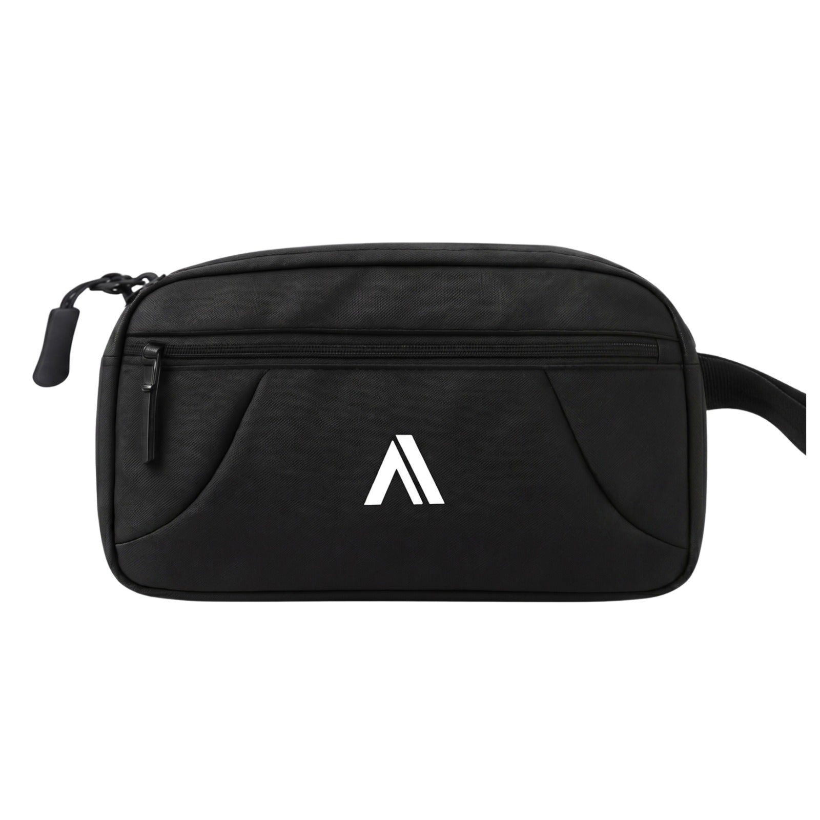 Black toiletry bag with a logo on a white background