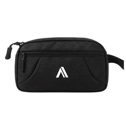 Black toiletry bag with a logo on a white background