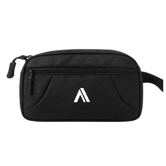 Black toiletry bag with a logo on a white background