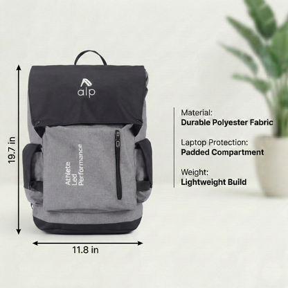 Gray backpack with black top section on a white background, featuring dimensions and material details.