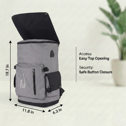 Gray backpack with black top section on a light gray background, showing dimensions and features.