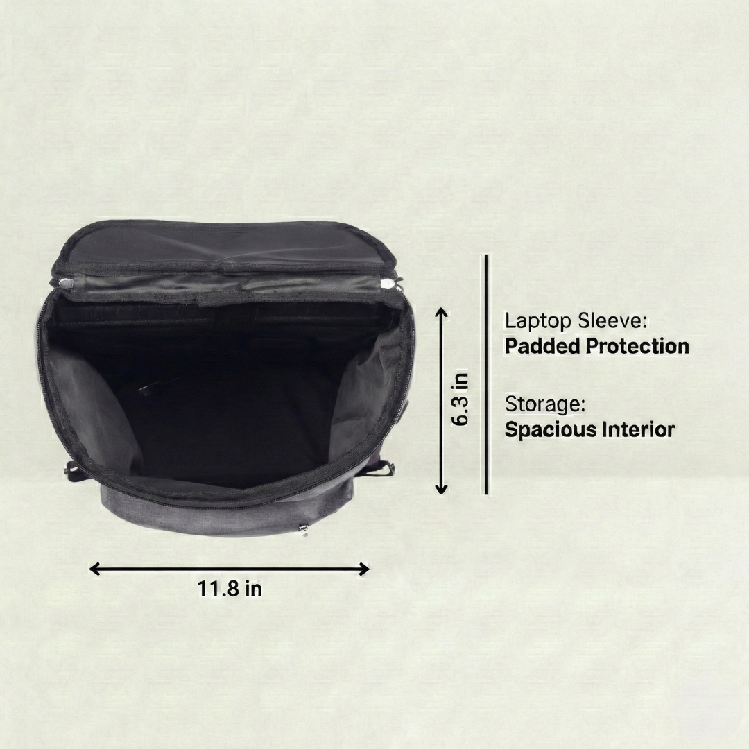 Black laptop sleeve with dimensions and features on a beige background