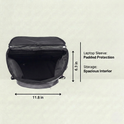 Black laptop sleeve with dimensions and features on a beige background