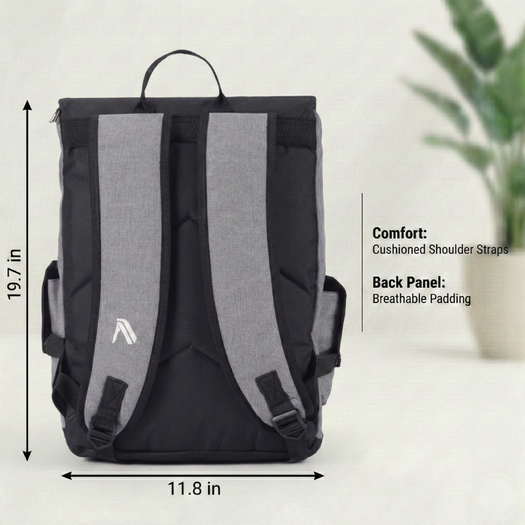 Black and gray backpack with measurements and comfort features on a light background