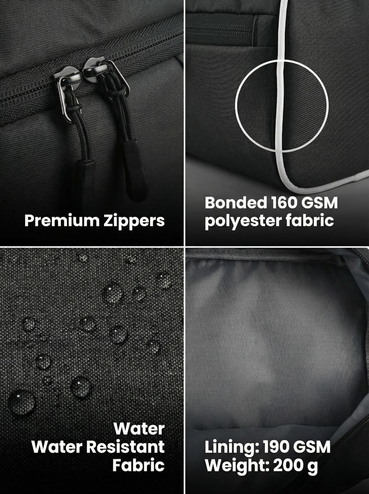 Product features including premium zippers, bonded fabric, water-resistant material, and lining weight.