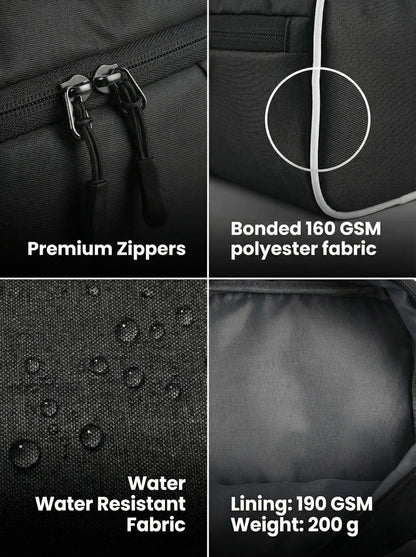 Product features including premium zippers, bonded fabric, water-resistant material, and lining weight.